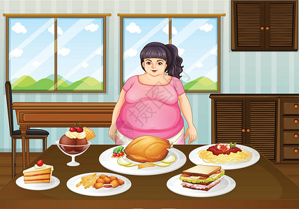厨房角落一个胖女人 在桌子前 满桌食物插画