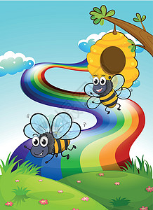 天边那道彩虹两蜜蜂在山顶上 彩虹在天空中插画