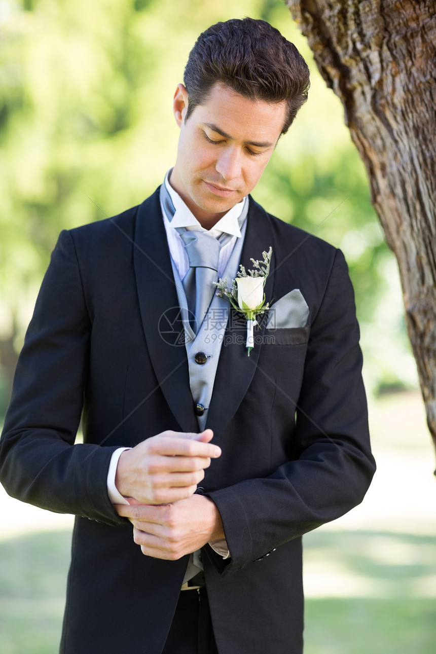 Groom 调整花园的袖子开端生活微笑婚礼套装男性男人事件袖口胸花图片