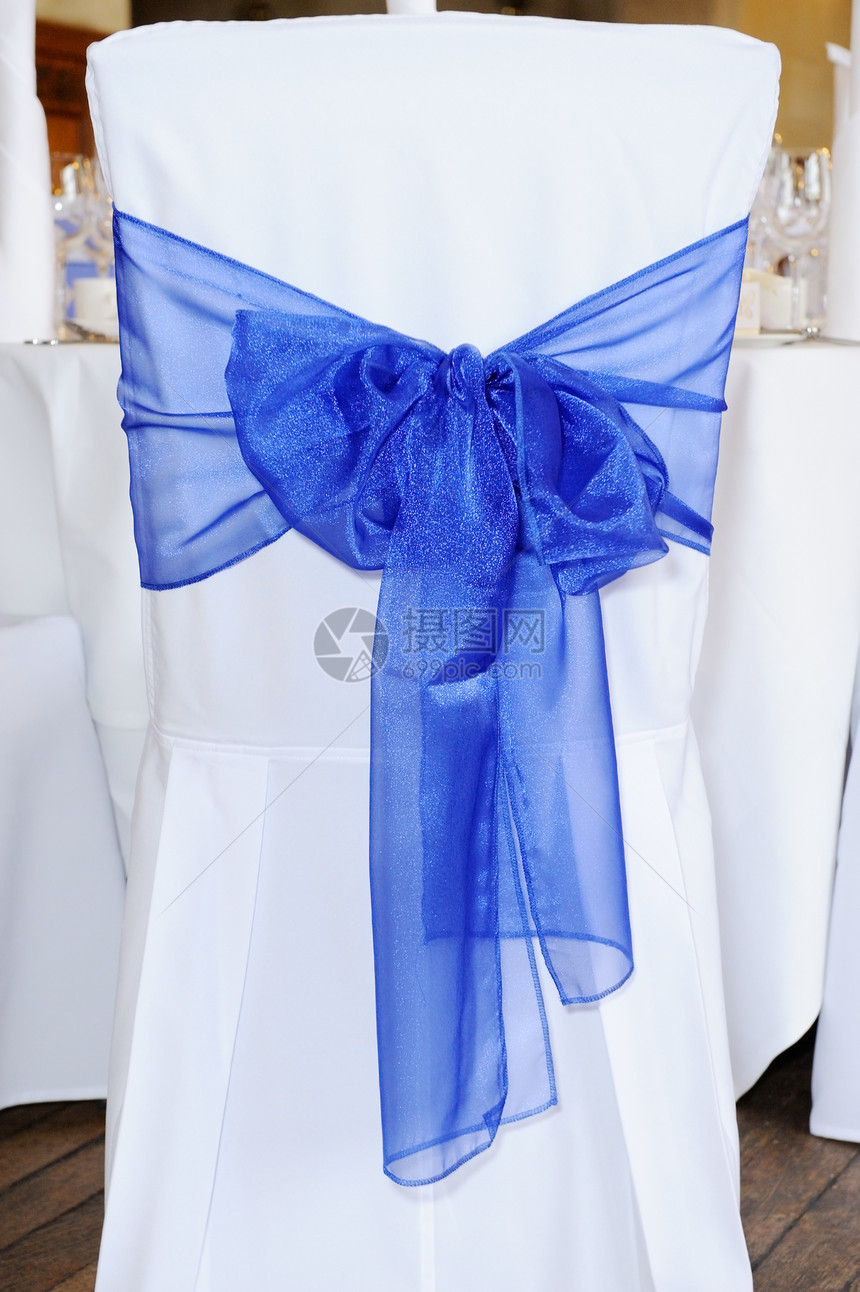 蓝色椅子封面织物接待婚姻亚麻丝带装饰风格婚礼家具用餐图片