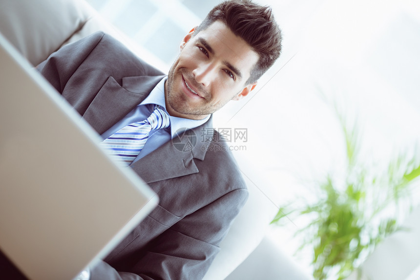 利用笔记本电脑坐在沙发上的英俊商务人士职场商业男人快乐技术商务套装员工微笑人士图片