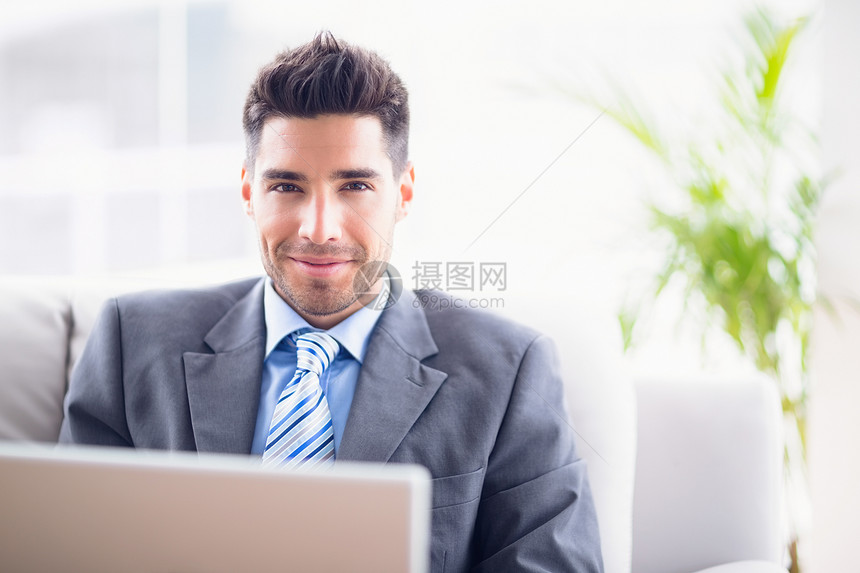 利用笔记本电脑坐在沙发上的英俊商务人士男人公司职场商业人士微笑办公室男性员工商务图片