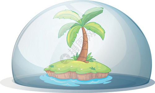 椰子岛一个有椰子树的岛屿蓝色海洋树干玻璃剪贴绘画椰子资源树叶植物插画