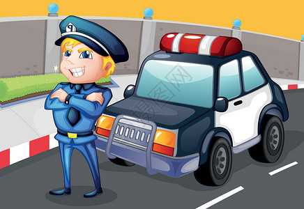 钏路jr站站在一辆警车前面笑着微笑的警察插画