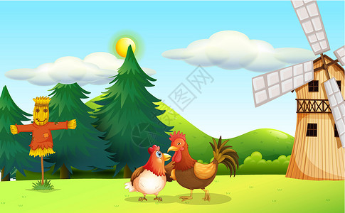 米尔斯农场的一只母鸡和一只公鸡插画