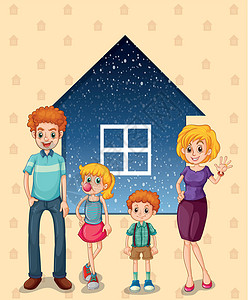 家庭角落在房子前面的一家人插画