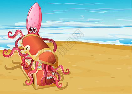 太阳珠宝素材在海边的藏宝箱 带有章鱼插画