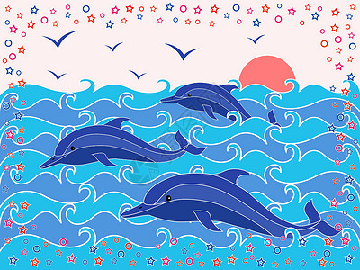 海豚鸥海浪中的三个海豚插画
