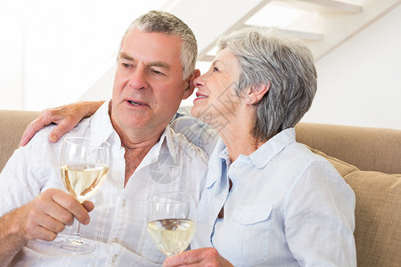 坐在沙发上喝白酒的年长夫妇长椅男人公寓退休闲暇女士酒精家庭酒杯感情背景图片