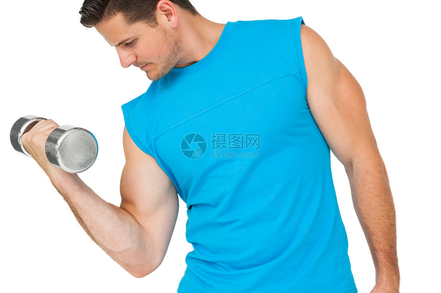 健壮的年轻人用哑铃锻炼运动身体活动护理手臂训练器材蓝色肌肉娱乐运动员图片