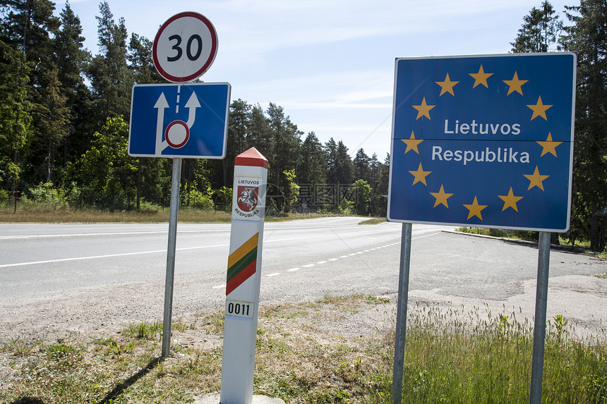 立陶宛国家边境标志路标穿越联盟星星社区蓝色旅游自由旗帜旅行图片