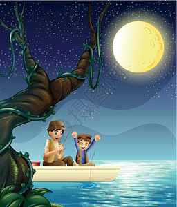 船上钓鱼小熊父亲和子女的捕鱼设计图片
