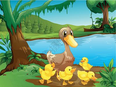 涩谷河和市容一只母鸭和小鸭子绘画资源鸭子池塘天空团体蓝色礼物母亲婴儿插画
