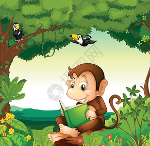 森林图书馆书在森林里读书的猴子插画