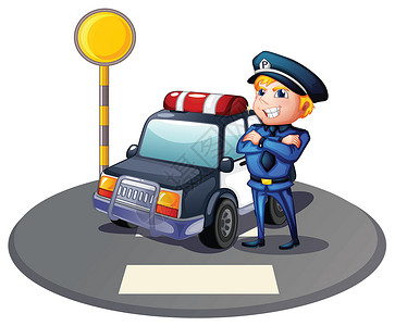 一辆黄色前哨的警车旁边的警察插画