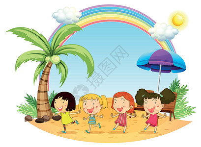 拿透明伞女子海滩上的年轻女子彩虹卡通片椅子天空石头水果女性白色绿色植物设计图片
