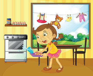厨房角落一个年轻女孩拿着带食物的托盘插画