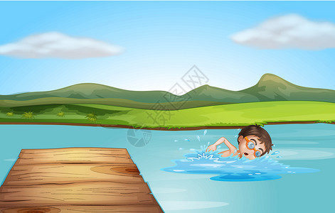 一个男孩在潜水板附近游泳绘画木板风镜潜水双方护目镜男生边缘男性木头图片