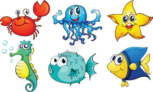 豪猪鱼不同的海洋生物海鲜气泡动物剪贴小路卡通片海龙海马河豚绘画插画