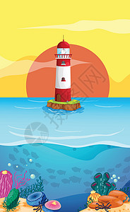 海中一个灯塔 在海中杂草绿色口舌条纹珊瑚礁植物黄色红色珊瑚卡通片背景图片