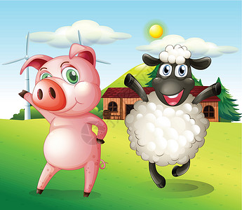 奔跑的猪一头猪和一头羊 在农场跳舞 带着风车设计图片