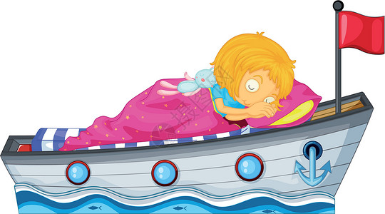 船上睡觉孩子一个女孩睡在船上 带着粉色毯子插画