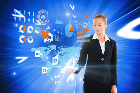 金发女商务人士触碰接口计算科技蓝色女性界面专注商务数字未来派人士背景图片