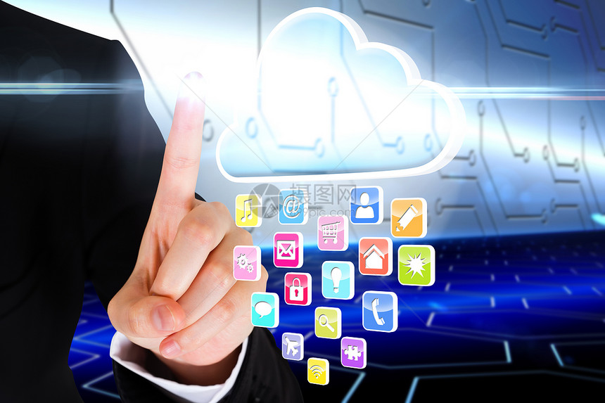 指向带有应用程序图标的云绘图技术计算机电脑互动手指蓝色商业未来派计算图片