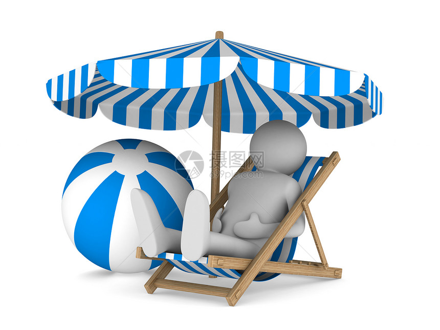 白色背景的甲板椅和球上的男人 孤立的 3D 图像旅行娱乐玩具休息庇护所游客旅游长椅闲暇海滩图片