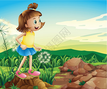 从老到年轻在岩石附近树桩上 有个年轻女孩插画