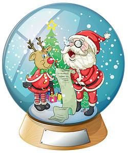 圣诞老人拿着一张单子 在雪球里带着驯鹿插画