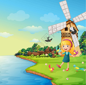 玩风车的女孩一个女孩在谷仓附近 和风车玩鸟儿插画
