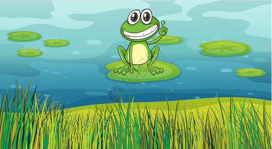 炸黄花鱼池塘中一只微笑的青蛙插画