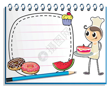 蛋糕纸一本写着厨师画画和食物的笔记本设计图片
