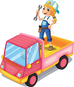 一个女孩站在粉红色卡车上高清图片