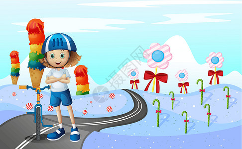 冰淇淋的女孩一个女孩和她的自行车在街上 带糖果的女孩设计图片