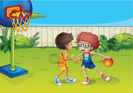 青少年打篮球两个男孩在栅栏里打篮球插画