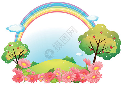 彩虹和树素材一座有花和树的山丘设计图片