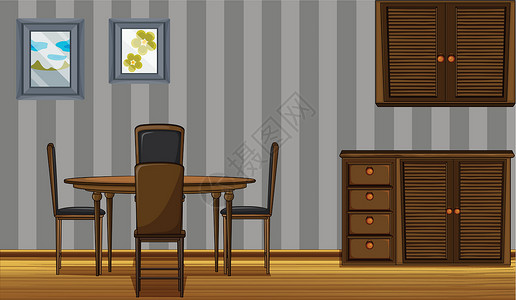 壁挂式餐桌和衣柜家具绘画木头抽屉风格桌子椅子庇护所房子地面插画