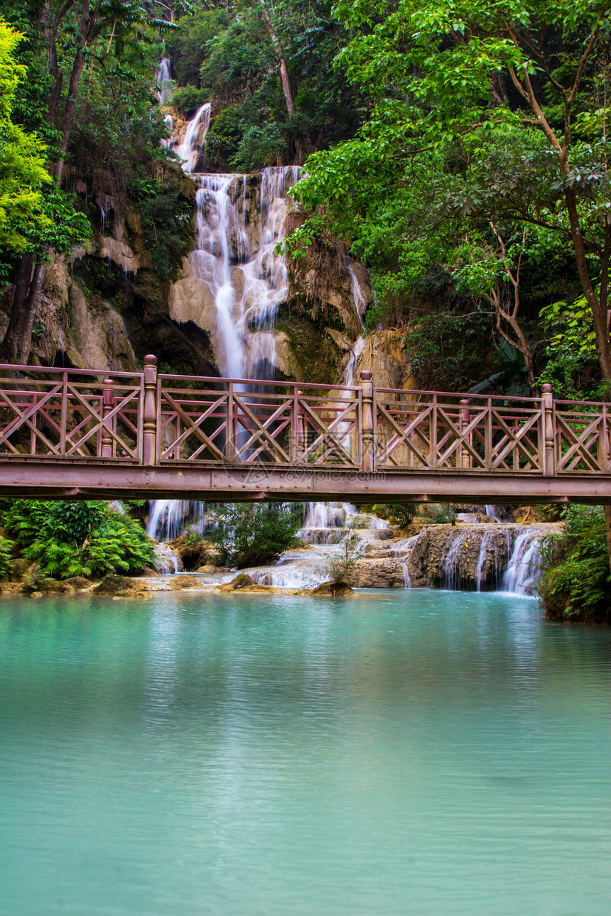 Kuang Si瀑布激流风景热带绿色运动瀑布植物荒野森林溪流图片