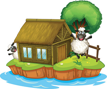 羊左雍措湖一个拥有一栋原住房屋和两只绵羊的岛屿插画