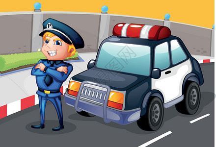 一个警察站在巡逻车旁边的警察插画