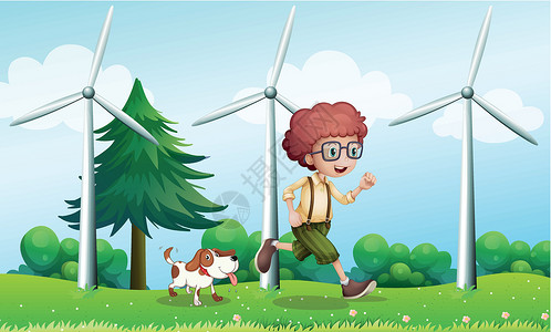 男孩在奔跑一个男孩和一条狗在三个风车附近奔跑设计图片