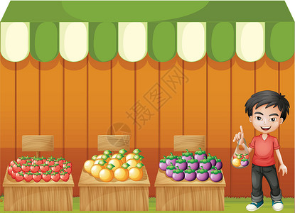 老市场水果摊一家水果店 一个男孩穿着红衬衫设计图片