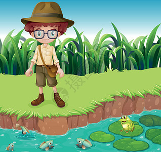 鱼和眼镜素材河岸上一个看得很认真的男孩子插画