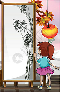 一个女孩在竹子画前背景图片