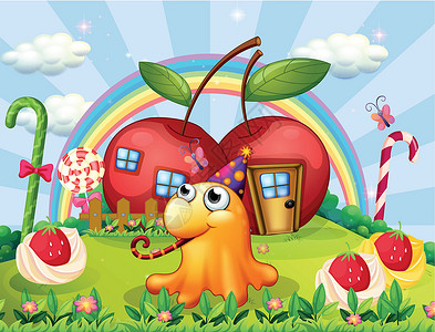 黄蜂吮吸糖的苹果山顶上有巨型棒棒糖 怪物戴着帽子设计图片