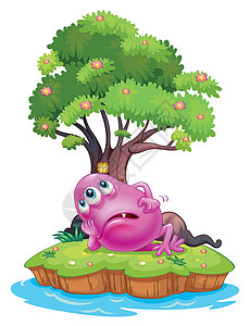 根德湖在岛上树屋下躺着的 粉红色蜜蜂怪兽设计图片