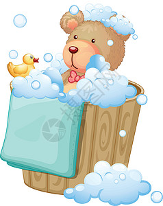 防水的满是泡泡的桶里有只熊插画