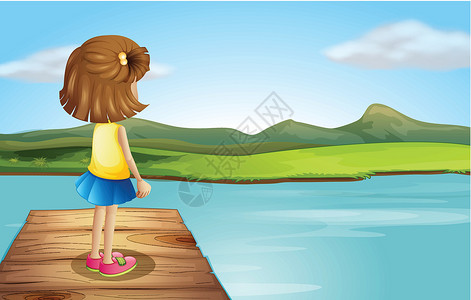 二浪河一个小女孩站在木边的木港插画